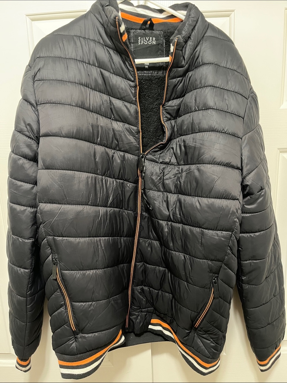 Silver Jeans Black Quilted Puffer Jacket with Orange Trim